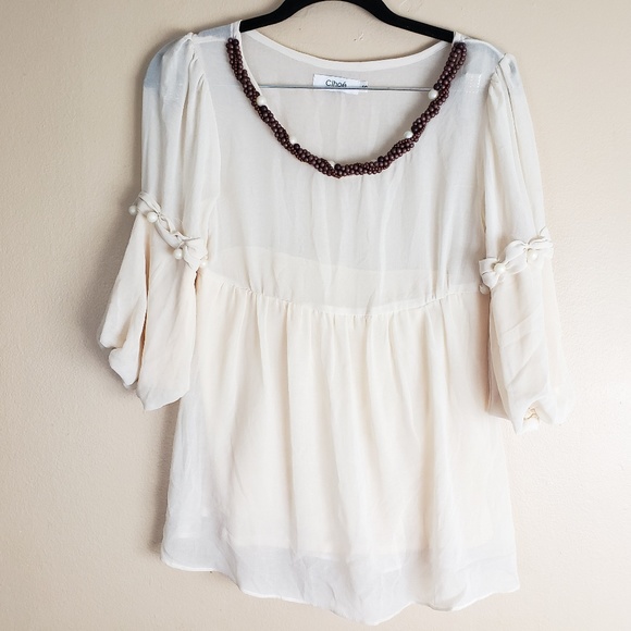 clhoe Tops - Clhoe Semi Sheer Blouse Ivory Beaded Neckline E15